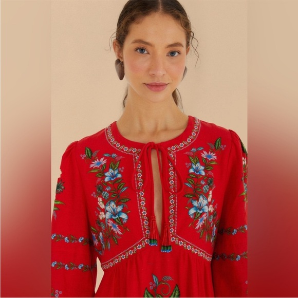 FARM Rio Red Sweet Bloom Bouquet Lenzing Ecovero Euroflax Midi Dress - Picture 3 of 12